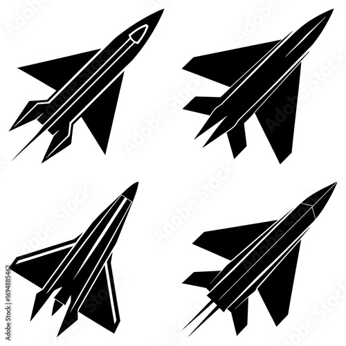 Four black and white stylized fighter jets in various angles and orientations on a white background design