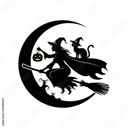 Halloween witch and black cat silhouette flying on broomstick with pumpkin lantern