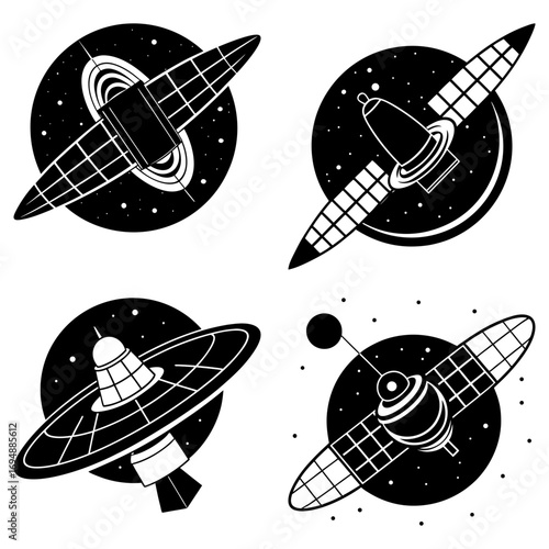 Illustration of four different satellite designs against starry backgrounds in a monochrome vector graphic
