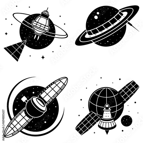 Four black and white space themed icons featuring planets and satellites in a vector illustration