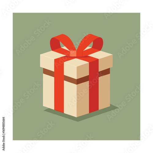 Isometric gift box with red ribbon and bow on green background