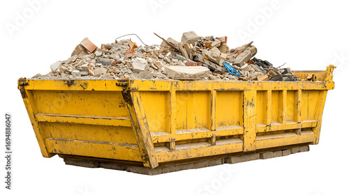 Yellow dumpster filled with construction debris isolated on transparent background.