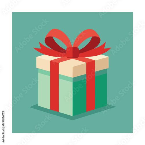Light green gift box with red ribbon and bow on teal background