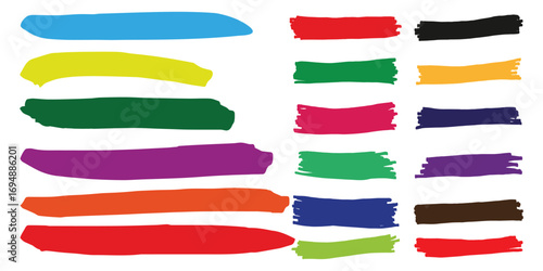Bright colorful childish scribbles set. Colored crayon doodle lines and stripes collection. Hand drawn rough charcoal brushstrokes elements. Pastel pencil curly, wavy, squiggly strokes bundle. Vector