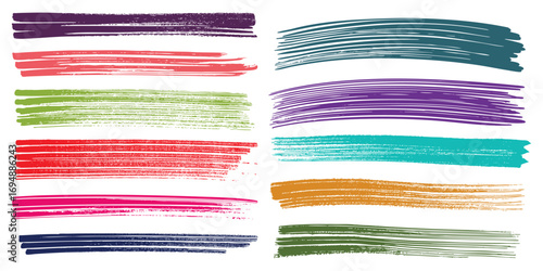 Bright colorful childish scribbles set. Colored crayon doodle lines and stripes collection. Hand drawn rough charcoal brushstrokes elements. Pastel pencil curly, wavy, squiggly strokes bundle. Vector