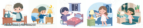 vector of a child turning off the lights to go to sleep