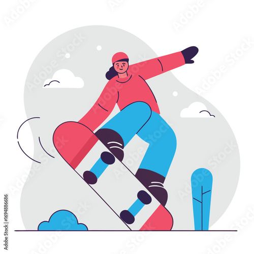 cartoon-of-snowboarder-doing-trick-isolated-on-whi.eps