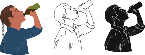 Man drinking from a bottle, shown in color, line art, and silhouette