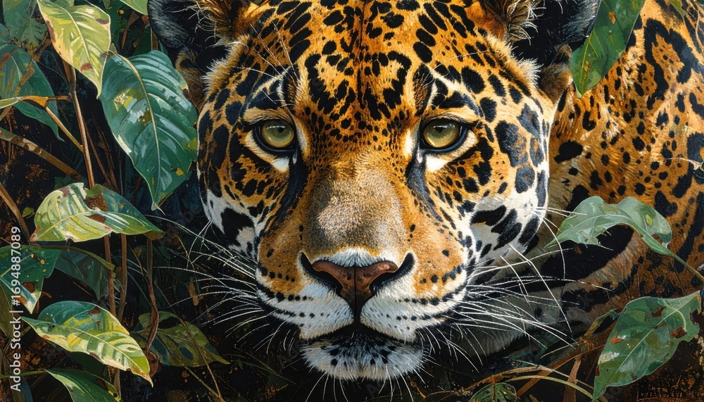 Fototapeta premium Close-up of a jaguar's head and face, hidden in a lush, tropical foliage, showcasing intricate details and vibrant colors.