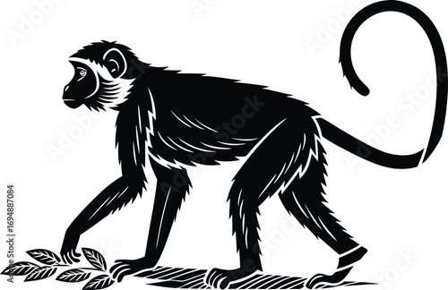 Monkey Silhouette with Prehensile Tail Walking on Branch with Leaves
