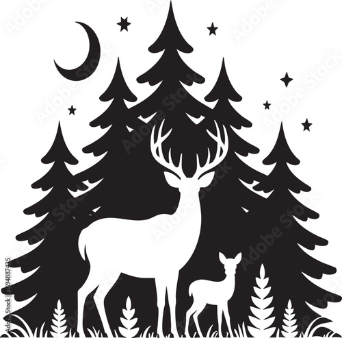 A serene and peaceful image showcasing silhouettes of a deer and fawn in a forest at night.