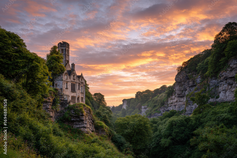Obraz premium breathtaking summer sunset casts warm glow behind ancient castle creating magical atmosphere