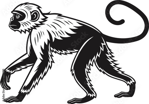 Black and White Monkey Illustration Walking with Curled Tail and Distinct Fur