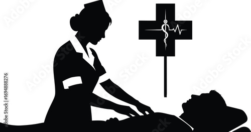 Caring nurse performs life-saving CPR with medical cross in background