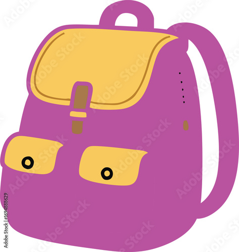 Colorful cartoon-style backpack illustration with flap and pockets, vector design for school supplies, travel and education themes