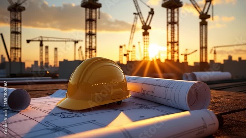Yellow safety helmet placed on blueprints at construction site with cranes and steel structures under warm sunset light in industrial setting
