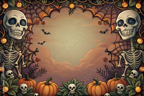 Spooky halloween skeletons and pumpkins frame a mysterious center