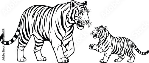 Majestic adult tiger and playful cub interacting in a monochrome illustration