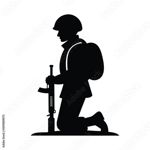 Silhouette of a soldier kneeling with a rifle and backpack on a white background symbolizing remembrance and sacrifice