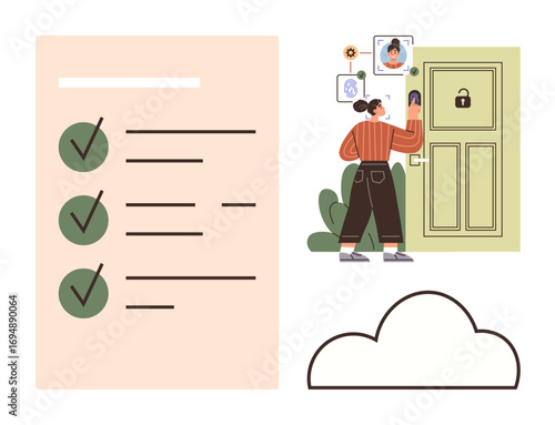 Person using smart door lock with visitor identification. Checklist, cloud, and plants add clarity. Ideal for security, authentication, smart home, cloud, privacy technology access management