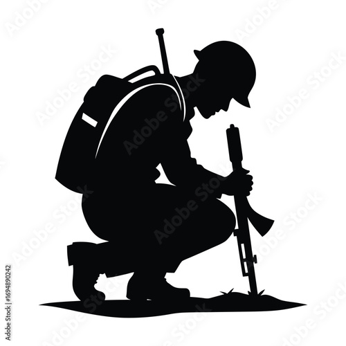 Silhouette of a kneeling soldier in uniform with a rifle and backpack representing remembrance and sacrifice