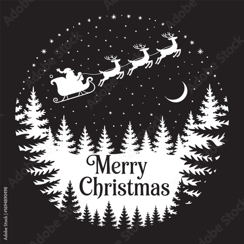 A circular graphic design showcases Santa Claus's sleigh, pulled by reindeer, soaring over a wintry forest at night.