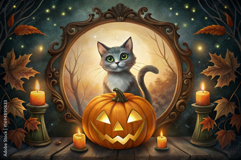 Whimsical halloween scene with a cat and jack o lantern Whimsical halloween scene with a cat and jack o lantern