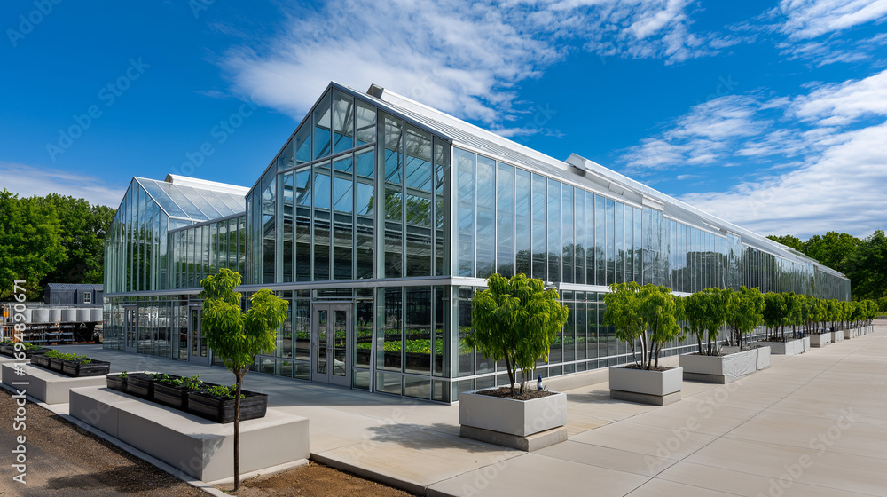 Obraz premium Wide-angle shot of a modern greenhouse with transparent panels, rainwater collection tanks visible outside.