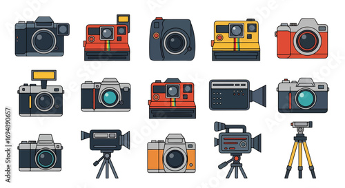 Colorful illustration icon set of retro cameras and vintage video recorders, including film cameras, instant cameras, and camcorders, perfect for photography, media, nostalgia, and creative design
