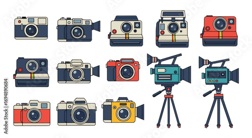 Colorful illustration icon set of retro cameras and vintage video recorders, including film cameras, instant cameras, and camcorders, perfect for photography, media, nostalgia, and creative design