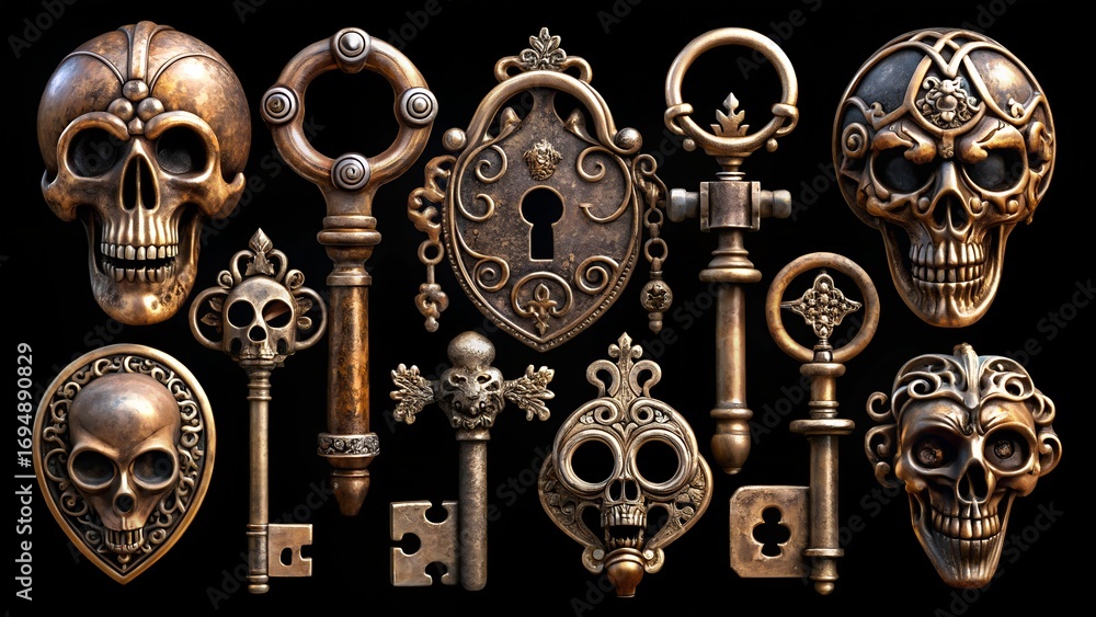 Fototapeta premium Ornate antique skull and key collection on black background.