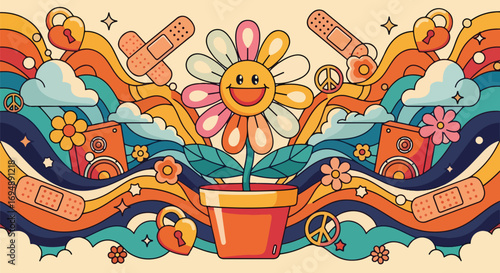 Psychedelic illustration of a smiling daisy in a flower pot with rainbows, locks, bandages, and speakers, inspired by retro 70s hippie art, perfect for posters, music, and creative designs