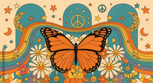 Psychedelic illustration of a butterfly with smiling flowers, rainbows, stars, and peace symbols, inspired by retro 70s hippie style, ideal for posters, fashion, and creative design projects