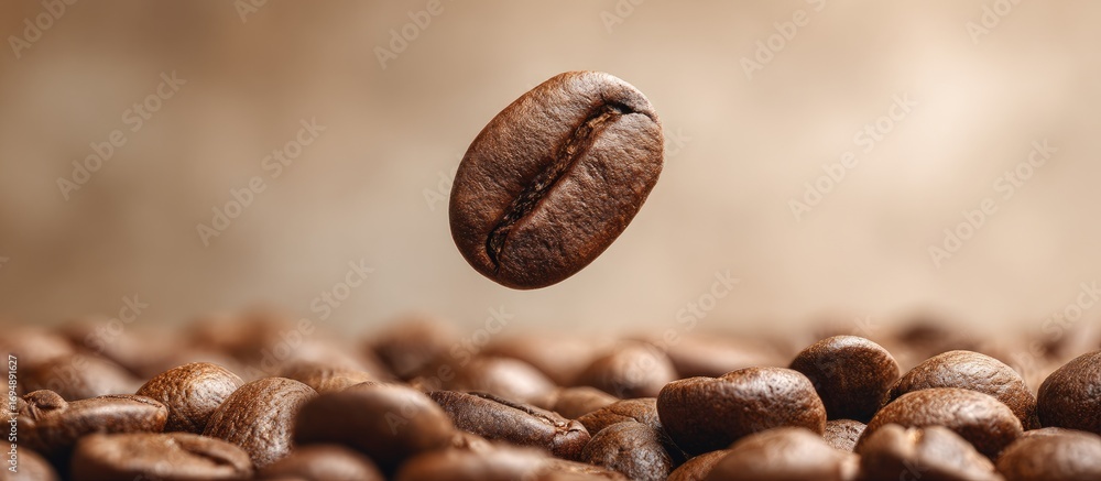Fototapeta premium A single coffee bean levitates above a bed of coffee beans