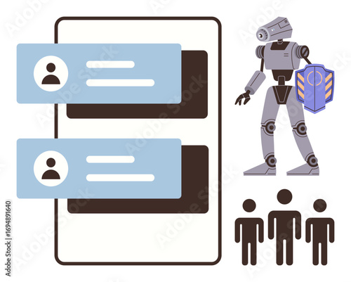 Text bubbles on messaging interface, robot holding shield, silhouetted users. Ideal for communication, support, AI, cybersecurity, teamwork technology social interaction. Simple flat metaphor
