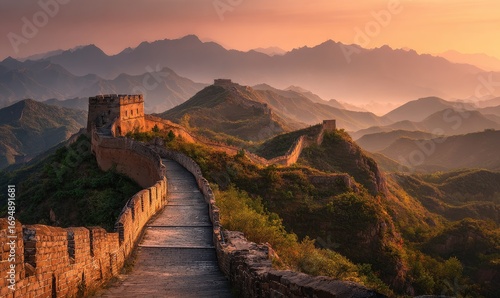 Majestic sunrise over ancient Chinese wall