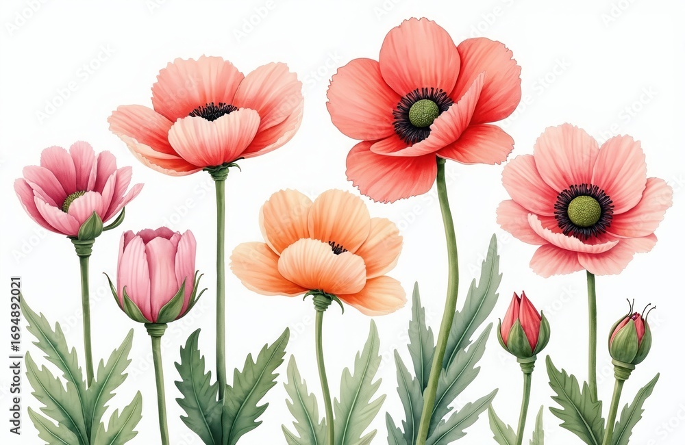 Fototapeta premium Set of hand-painted watercolor ranunculus flowers in pink, coral hues. Delicate botanical illustration features blooming petals, green leaves on white background. Ideal for wedding invitations,