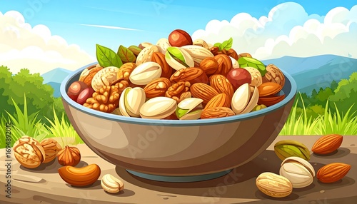 Assorted nuts in a bowl outdoors