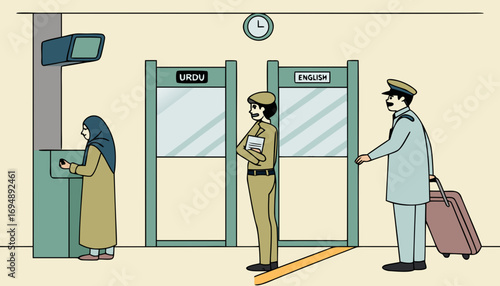 "A cartoon illustration of an airport or security checkpoint. The scene shows two security guards in uniform standing next to metal detector walk-through gates (one labeled 'English', the other in Urd