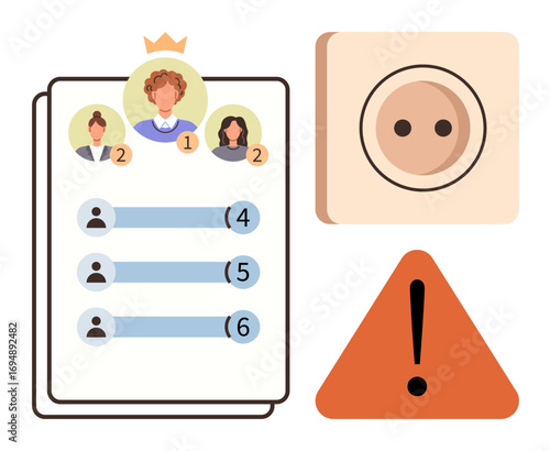Ranked profiles on a leaderboard with numbered badges and a crown, a caution triangle with an exclamation mark, and a disconnected socket. Ideal for competition, warning, ranking, disconnection