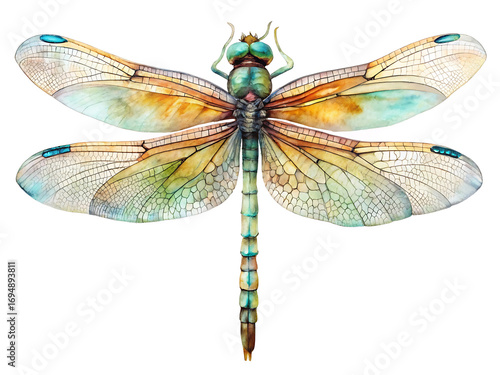 Watercolor painting of a dragonfly isolated on white background