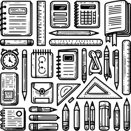 Monochrome vector icons of school supplies including pencils, rulers, notebooks, simple outline design