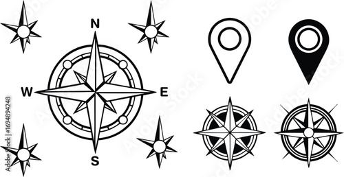 Collection of hand drawn compass rose illustrations and location pin icons representing navigation direction and geographic placement