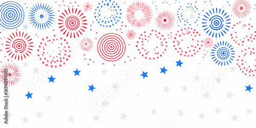 Festive red white and blue fireworks and stars celebration background