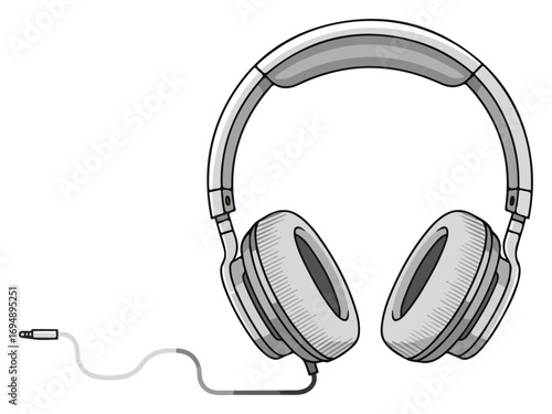 Black and white sketch illustration of wired over ear headphones.