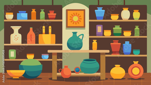 A pottery studio with pottery wheels and shelves of colorful glazes.