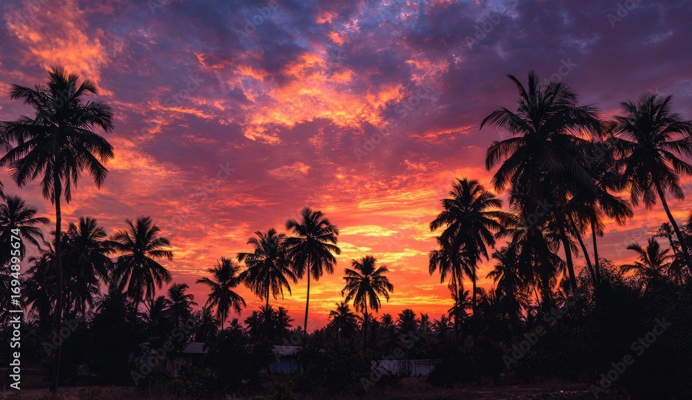 Obraz premium Silhouetted palm trees against a vibrant sunset