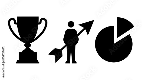 Trophy person with arrow and pie chart icons representing success achievement goals and data analysis in business finance and investment strategies for growth and profit