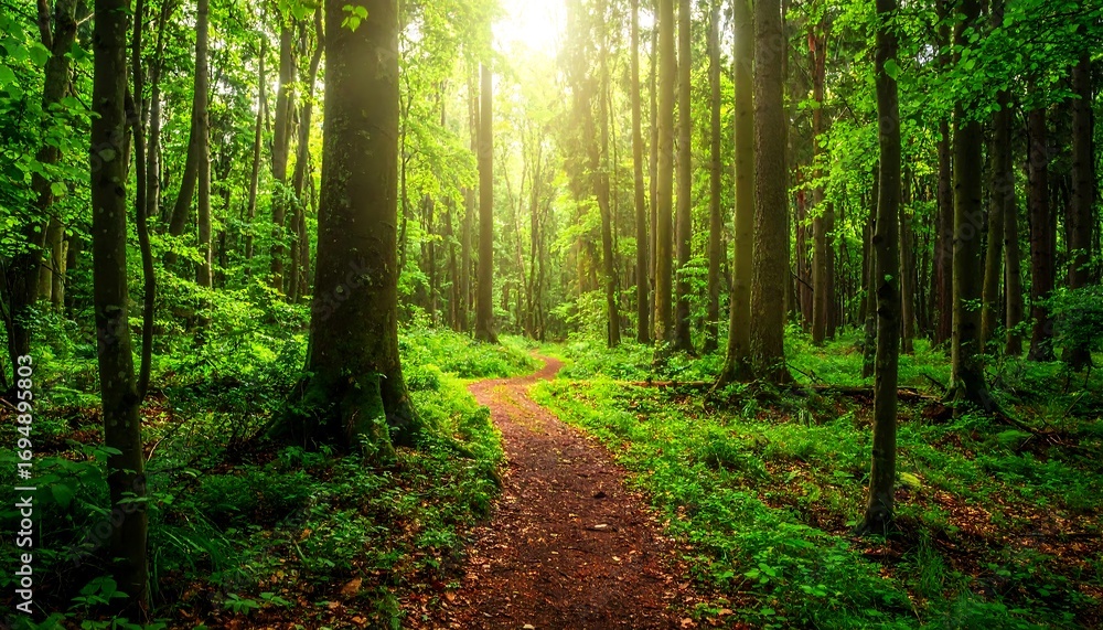 Fototapeta premium Sunlight streams through a dense forest path