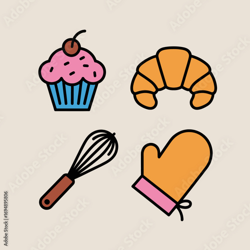 Colorful baking icons featuring a cupcake croissant whisk and oven mitt arranged on a light background perfect for culinary blogs recipe websites and bakingthemed designs